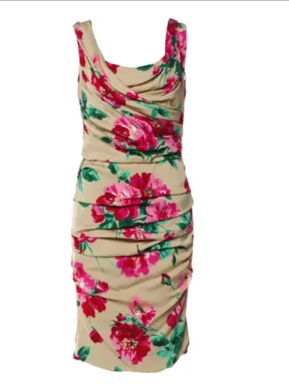 Dolce & Gabbana Beige Floral Ruched Sheath Dress with Pink and Green Print